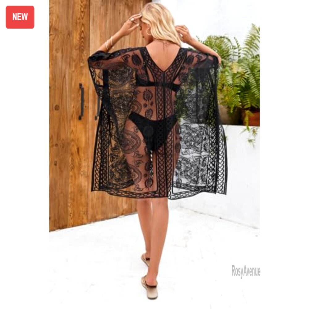 Loose Fit V-Neck Lace Beach Cover Up Dress, Polyester, One Size - Picture 3 of 7
